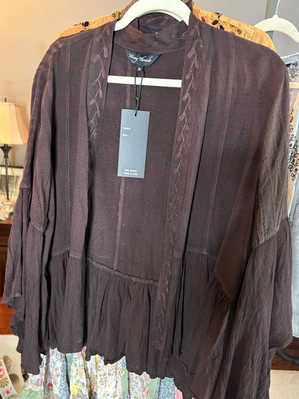Young Threads NWT chocolate kimono  embroidered details med